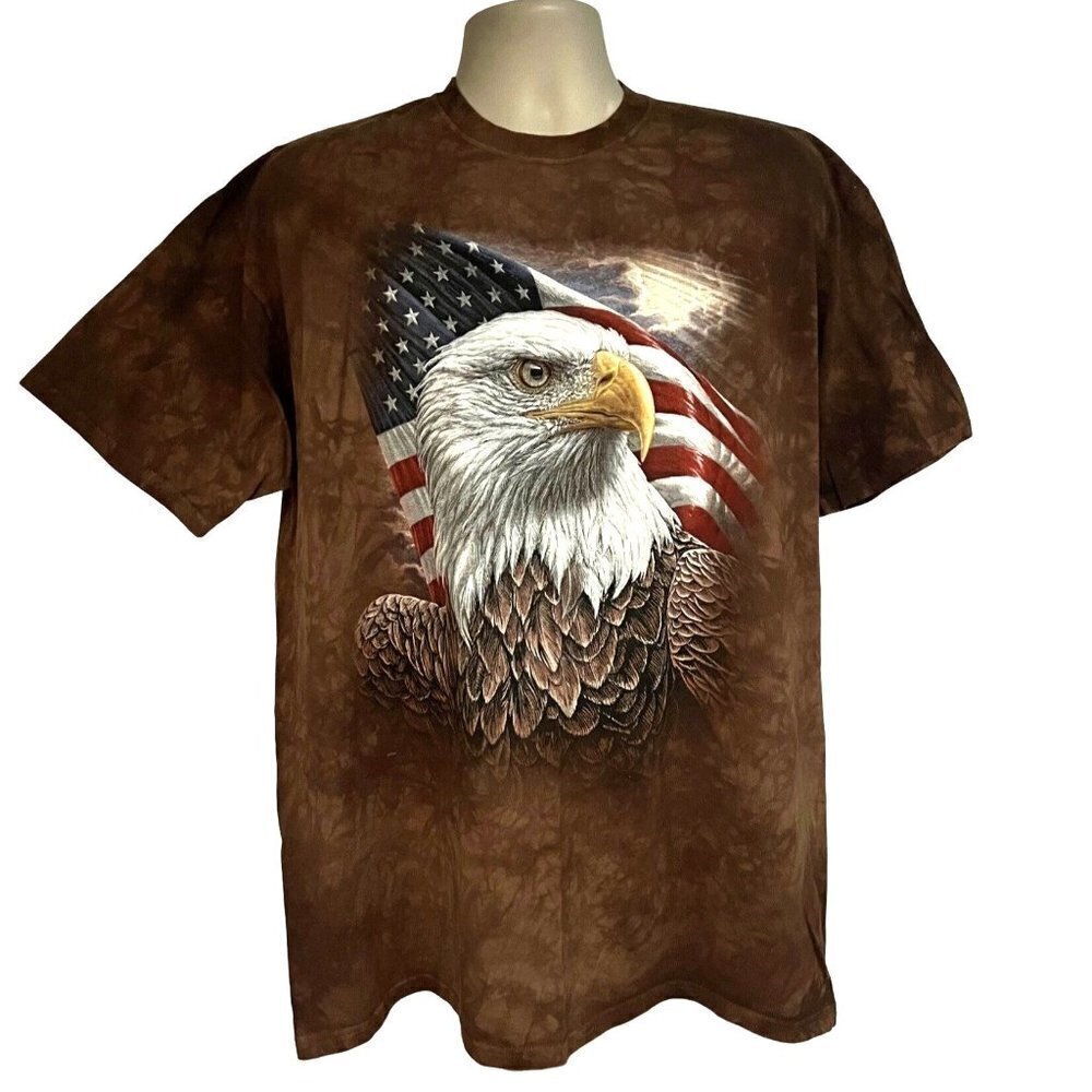 The Mountain Mens Brown Tie Dye Bald Eagle Graphic T-Shirt 2XL American USA Flag